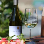 Botella con copa de vino Blanco Neudorf Tiritiri Chardonnay 2021